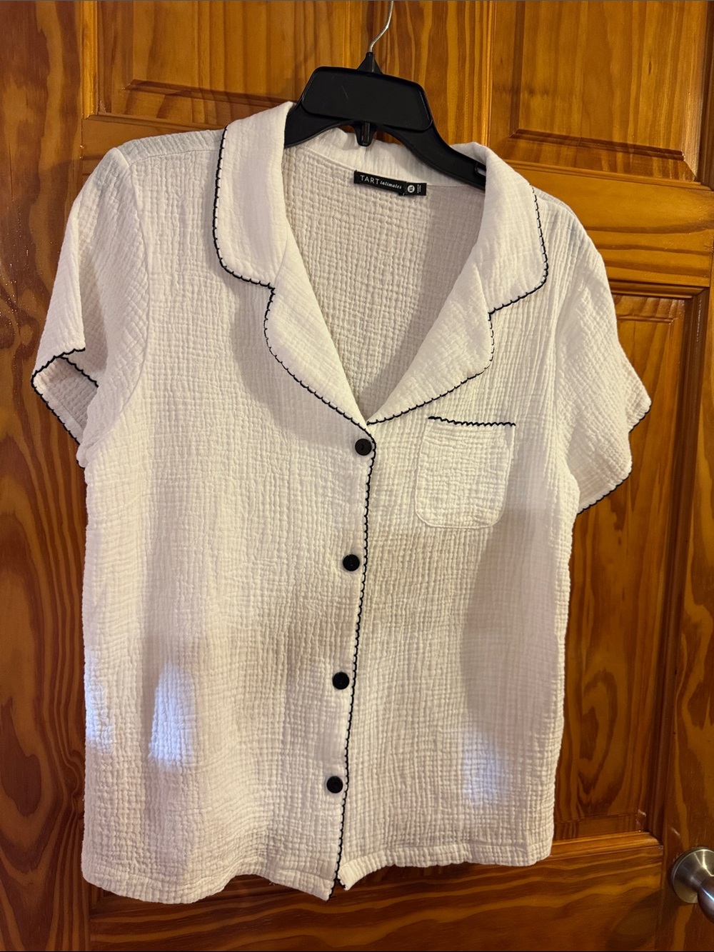 Tart White Short-Sleeve Button Front Top with Black Trim